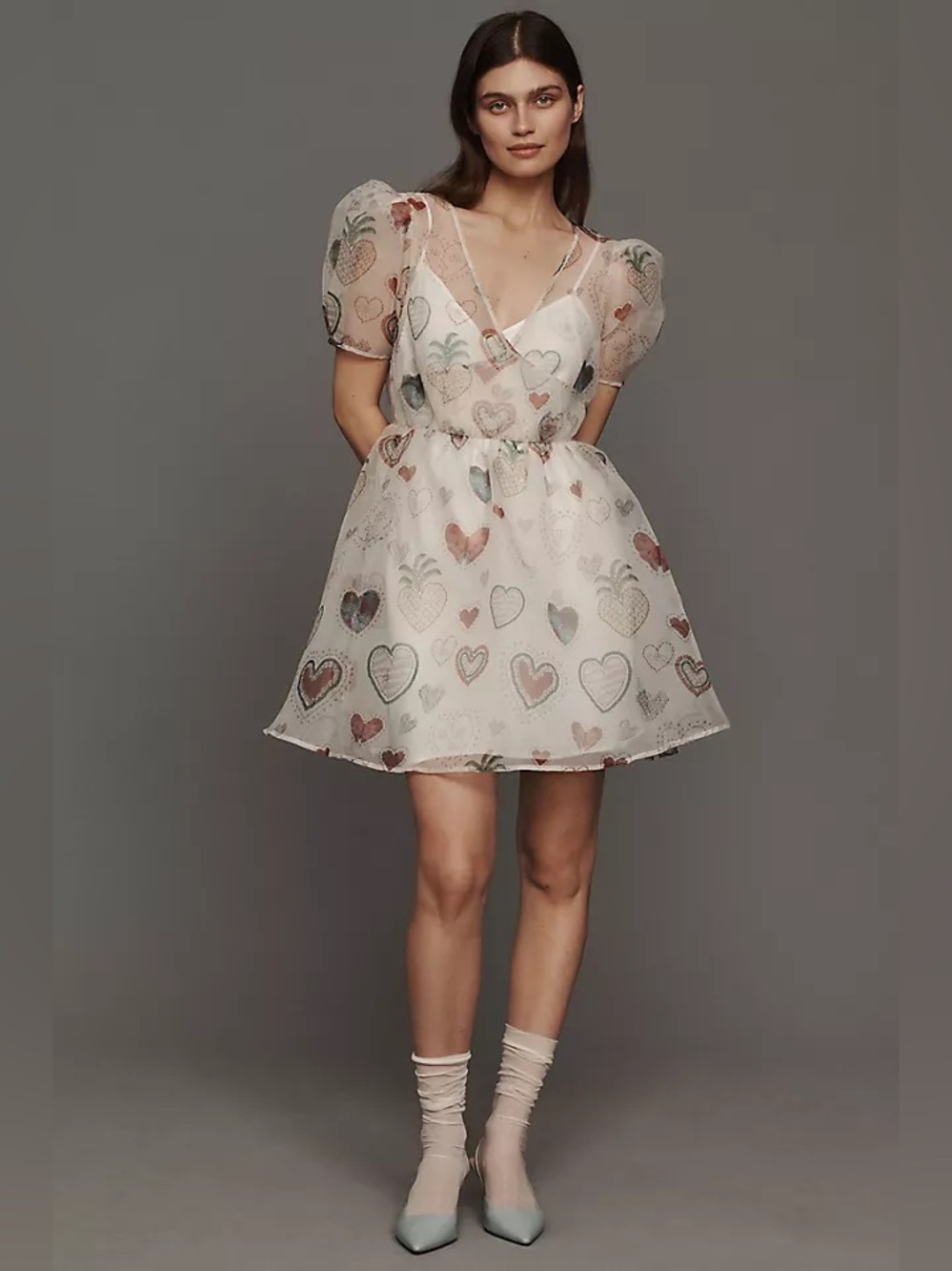 Large FARM Rio x Anthropologie White Sheer Puff-Sleeve Heart Print Mini Dress